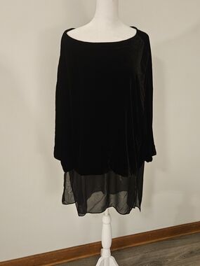 Eileen Fisher Velvet Velour Ballet Neck and Silk Black Tunic Top, XL